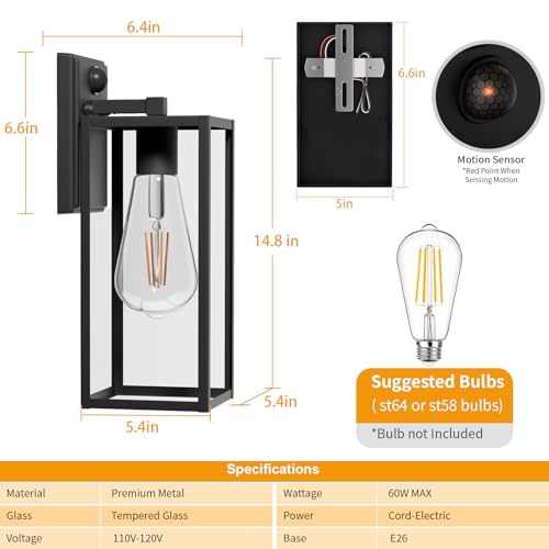 15'' Black Motion Sensor Outdoor Front Porch Lights for Outside (14.8'' / Black)