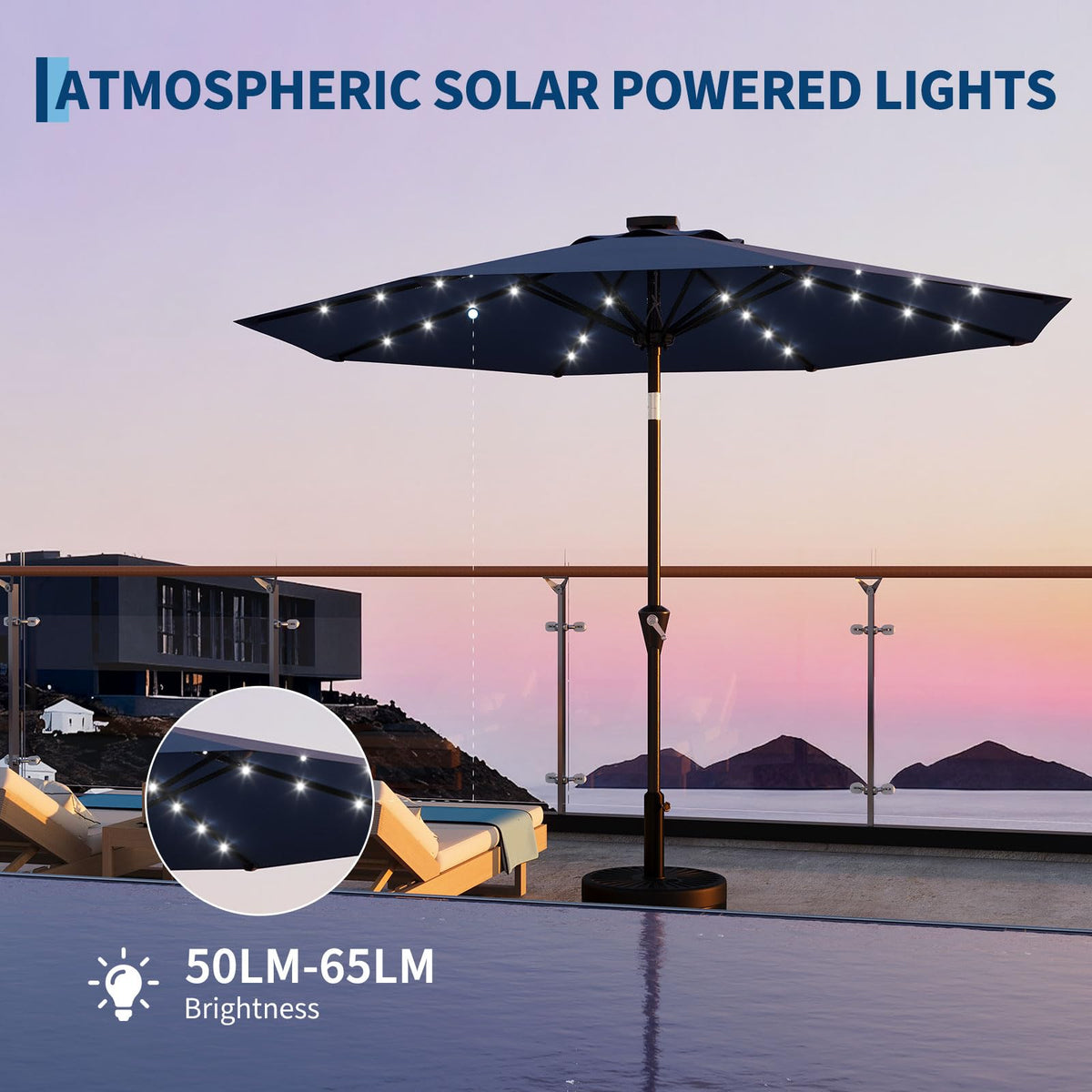 9FT Solar Patio Umbrella Outdoor Umbrella with 32 LED Lights (Navy Blue / 9ft With Lights)