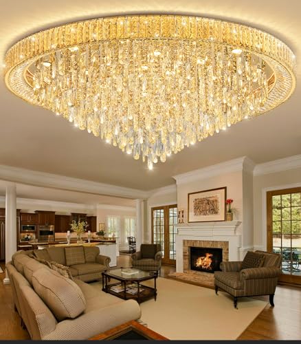 53.7" Modern Crystal Big Large Chandeliers LED Dimmable Flush Mount Ceiling Chandeliers for Living Room High Ceiling Entrance Foyer Lobby Bedroom Gold (Gold / 53.7" Width)