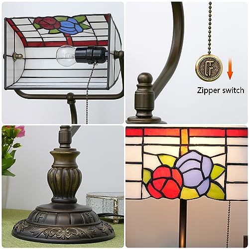 Tiffany Bankers Lamp Red Blue Rose Flowers Stained Glass Desk Lamp with Zipper Pull Chain Tiffany Style Vintage Bedroom Bedside Light Adjustable Angle Aesthetic Antique Accent Reading Desk Light (Red Blue Rose Flowers)