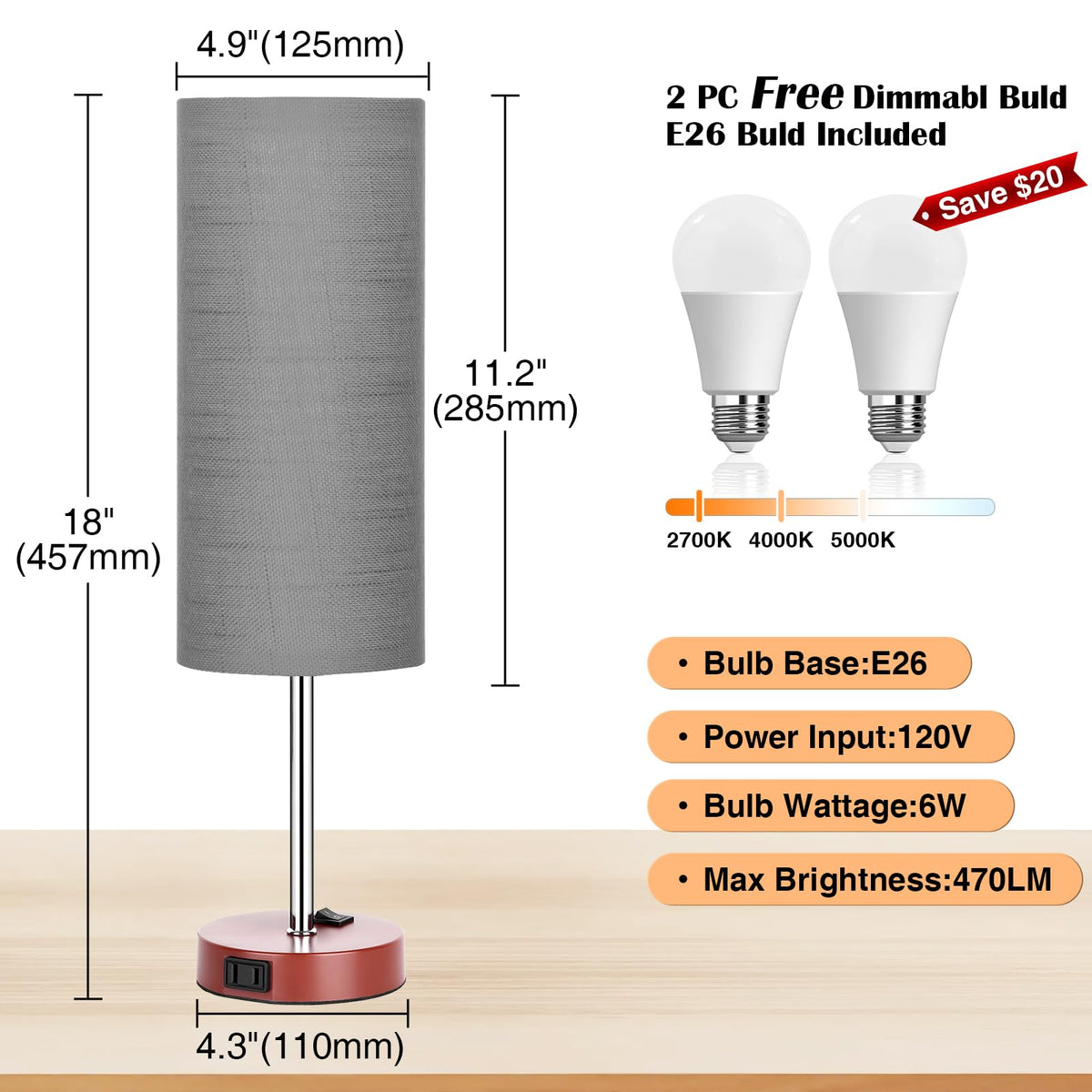 Table Lamp for Bedroom 2 Pack (Gray Fabric Shade Brown Base / 18inch)