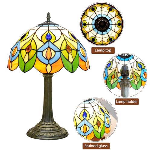 Tiffany Lamp Peacock Feather Stained Glass Table Lamp Pretty Desk Lamp For Home Office Living Room Kitchen Library Vintage Art Hoom Deco Chic Cute Bedside Lamp Tiffany Style Antique Decorative Lamp 12 (Peacock Feathers)