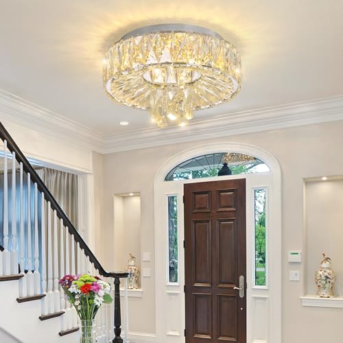 Mini Chandelier Modern Crystal Chandeliers for Hallway Light Fixture LED Flush Mount Ceiling Light Dimmable Lamp for Dining Room Living Room Bedroom (Silver / 11.8" Width)
