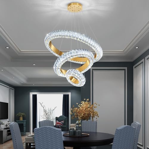 23.6" 3 Ring Crystal Chandelier Modern LED Dimmable Ring Pendant Light Round Chandelier for Dining Room Living Room Gold (Gold / 3 Ring Round 24")