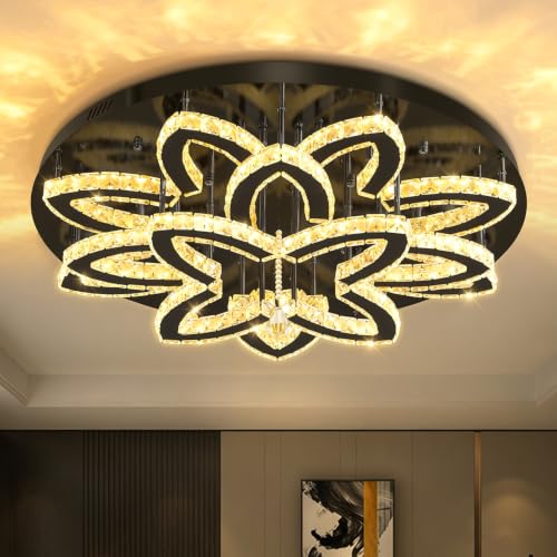 Modern Ceiling Crystal Chandelier Living room Semi Flush Mount Chandelier (Black / Dia 32")