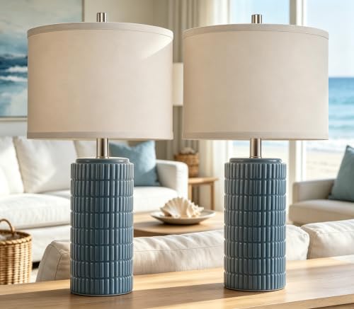 23" Set of 2 Farmhouse Ceramic Table Lamps for Living Room (Navy Blue)