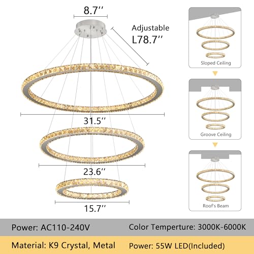 Crystal Chandelier Modern Dimmable LED Ceiling Light Fixture with Remote 3 Rings Stainless Steel Pendant Lighting for Living Room Dining Room Foyer Silver (Silver / 3-Ring 32")