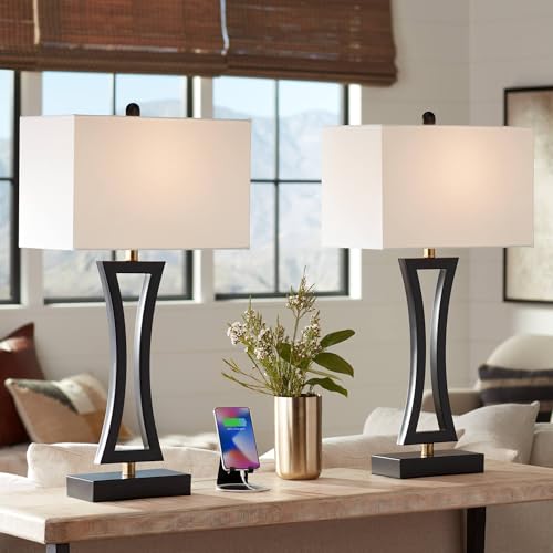 Roxie 31" Large Table Lamp USB Set of 2 Black Metal Modern