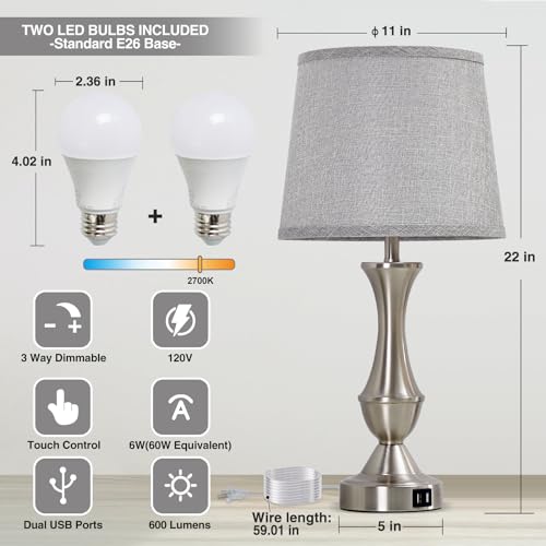 Touch Table Lamps Set of 2 (Silver,Grey / 22in)