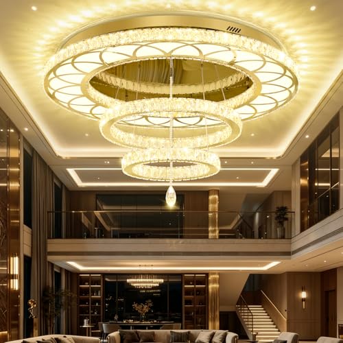 Dia 48" Large Chandelier Crystal Gold Ceiling Light Fixtures LED Flush Mount Ceiling Light for Living Room Bedrooms Dining Room Dimmable 2700k 4500k 6000k (Gold / W:48inches)