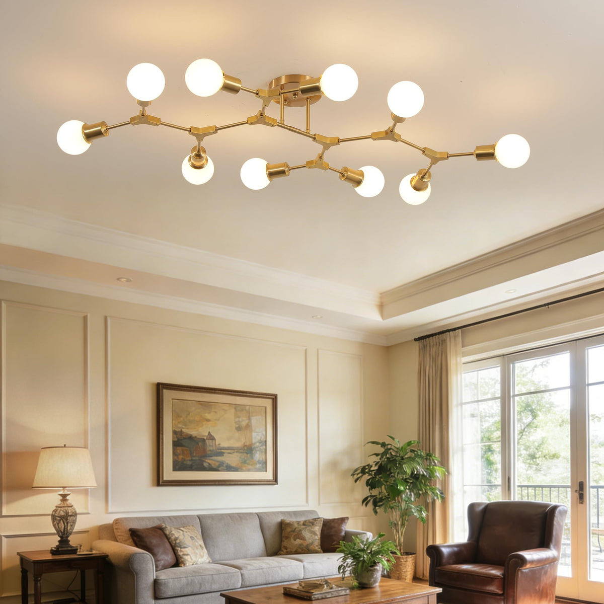Modern Mid Century Gold Sputnik Semi Flush Mount Ceiling Light Fixture (Gold / 10 Light)