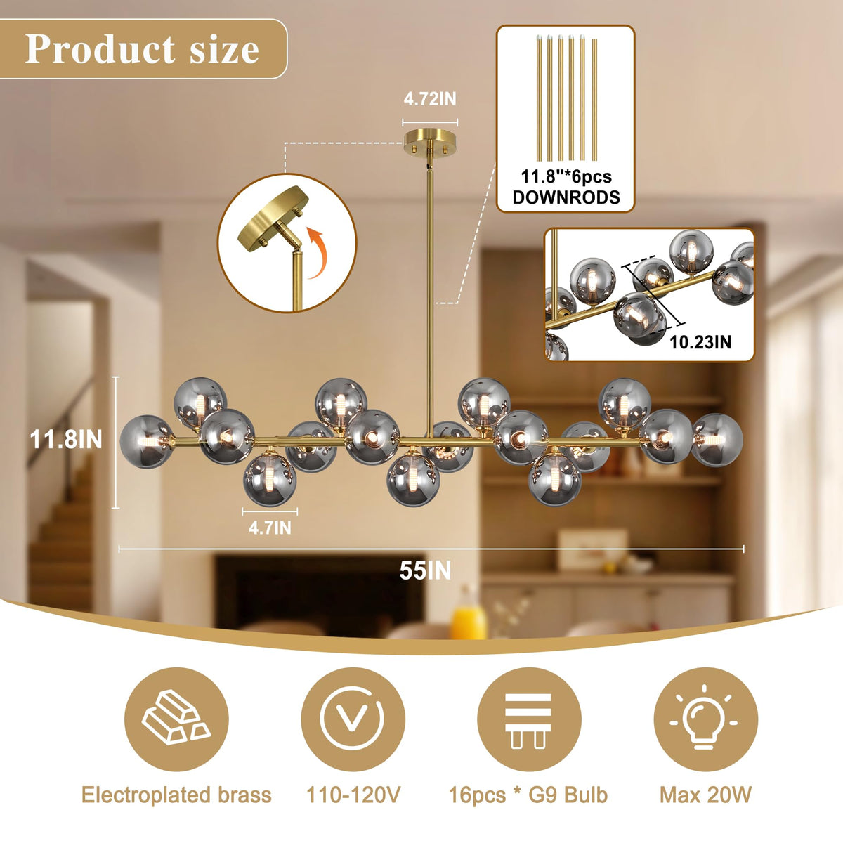 16 Lights Linear Chandeliers for Dining Room (Gold and Smoke Gray Shade / 55inch)