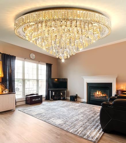 Modern Crystal Large Chandeliers LED Dimmable Flush Mount Ceiling Chandeliers for Living Room High Ceiling Entrance Foyer Bedroom (Gold / 39.3" Width)