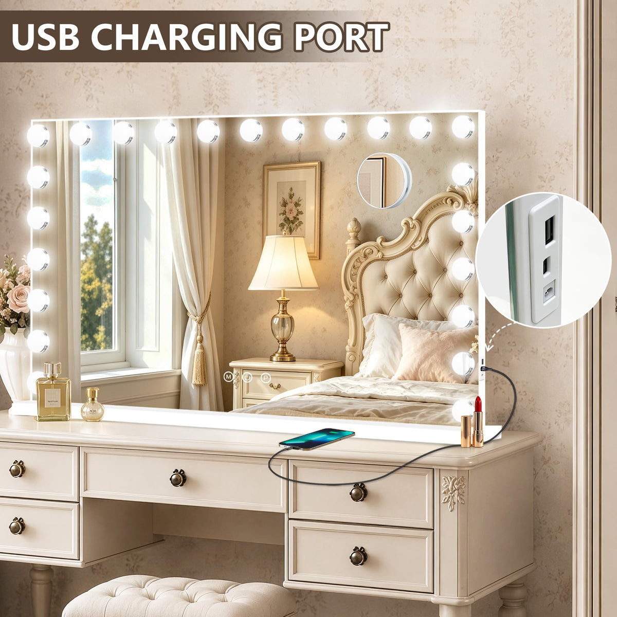 Hollywood Vanity Mirror with Lights (White / 44"L x 30"W)