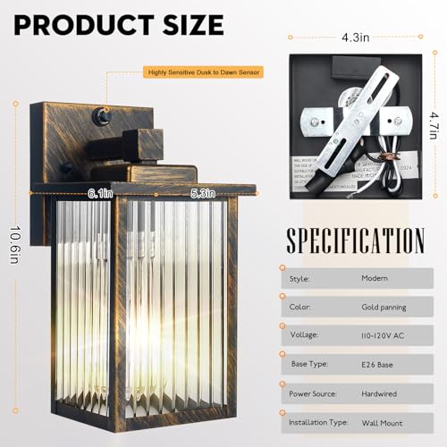 2 Pack Black Brush Gold Dusk to Dawn Outdoor Wall Light (Black Brush Gold / 10.6''-2 Pack)