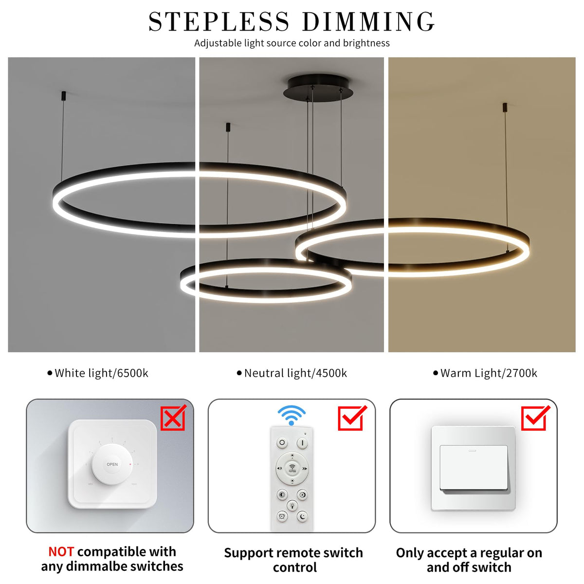 Modern Ceiling Chandelier Light (Black / 7.87+15.74+23.62in)