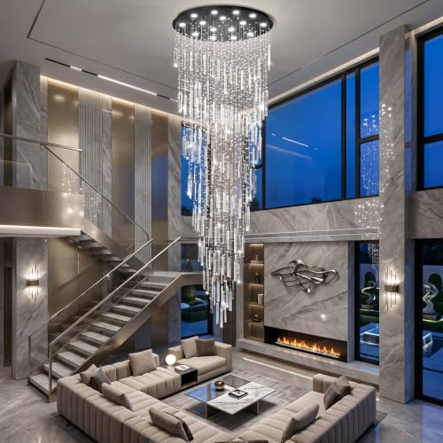 D40'' x H120'' Crystal Chandelier High Ceiling Chandeliers for Entryway Large Raindrop Chandeliers LED Dimmable Flush Mount Light Fixtures for Staircaes Foyer Hallway Living Room Bulbs Included Black (D40" x H120" Black)