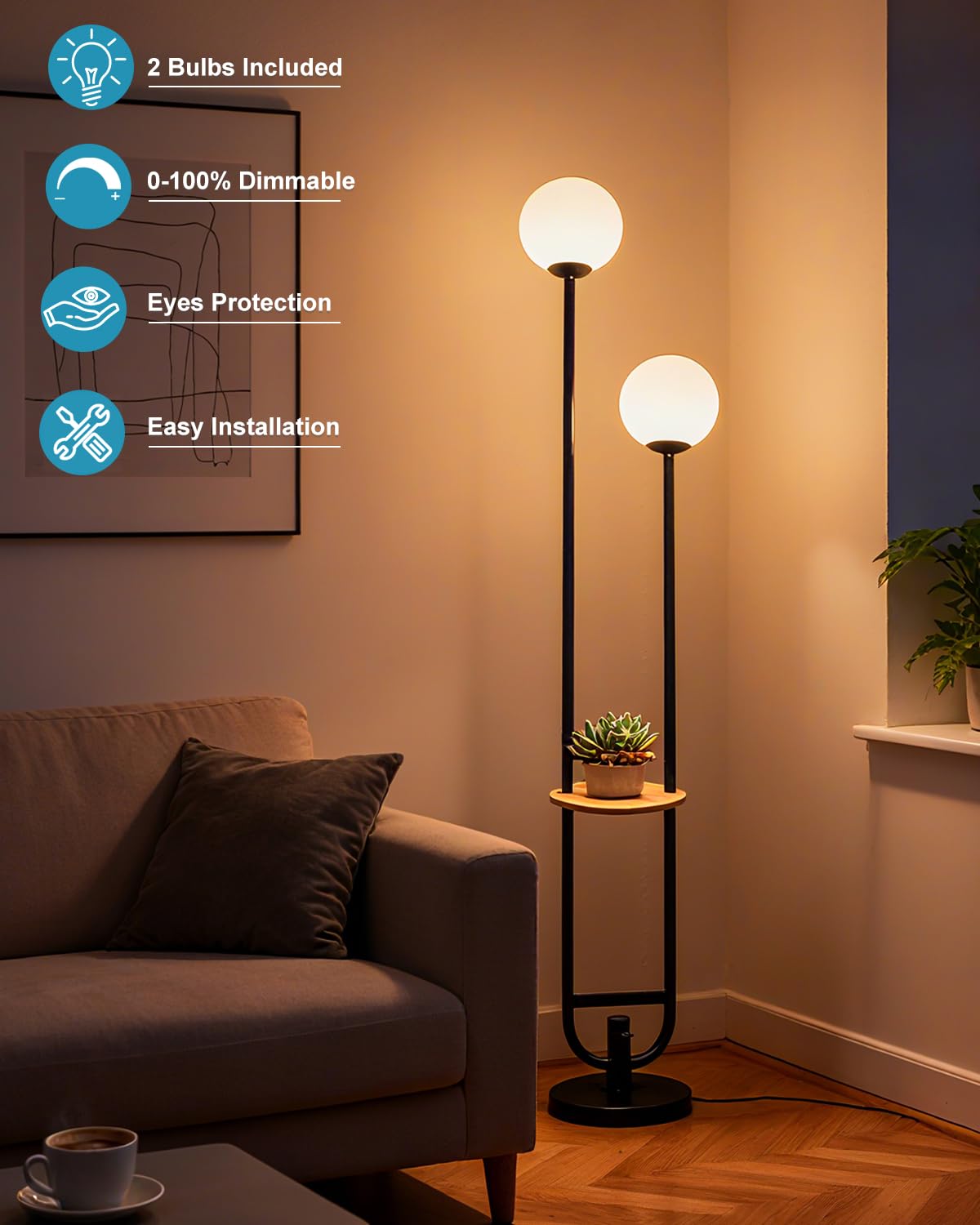 63IN 2 Globe Floor Lamp Dimmable Tall Standing Lamps with Table 3000K Warm White Unique Vintage Modern Mid Century Floor Lamp with 5Lbs Heavy Base for Living Room (Black-2U)