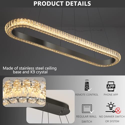 47'' Oval Ring Crystal Chandelier Modern LED Dimmable Ring Pendant Light Chandelier for Dining Room Living Room Black (Black / 1 Ring Oval 47")