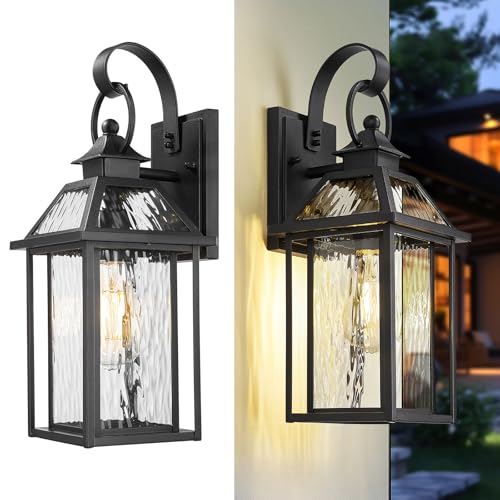 Exterior Wall Porch Light (Black - Water Ripple Glass / 16.3 Inch - No Function)