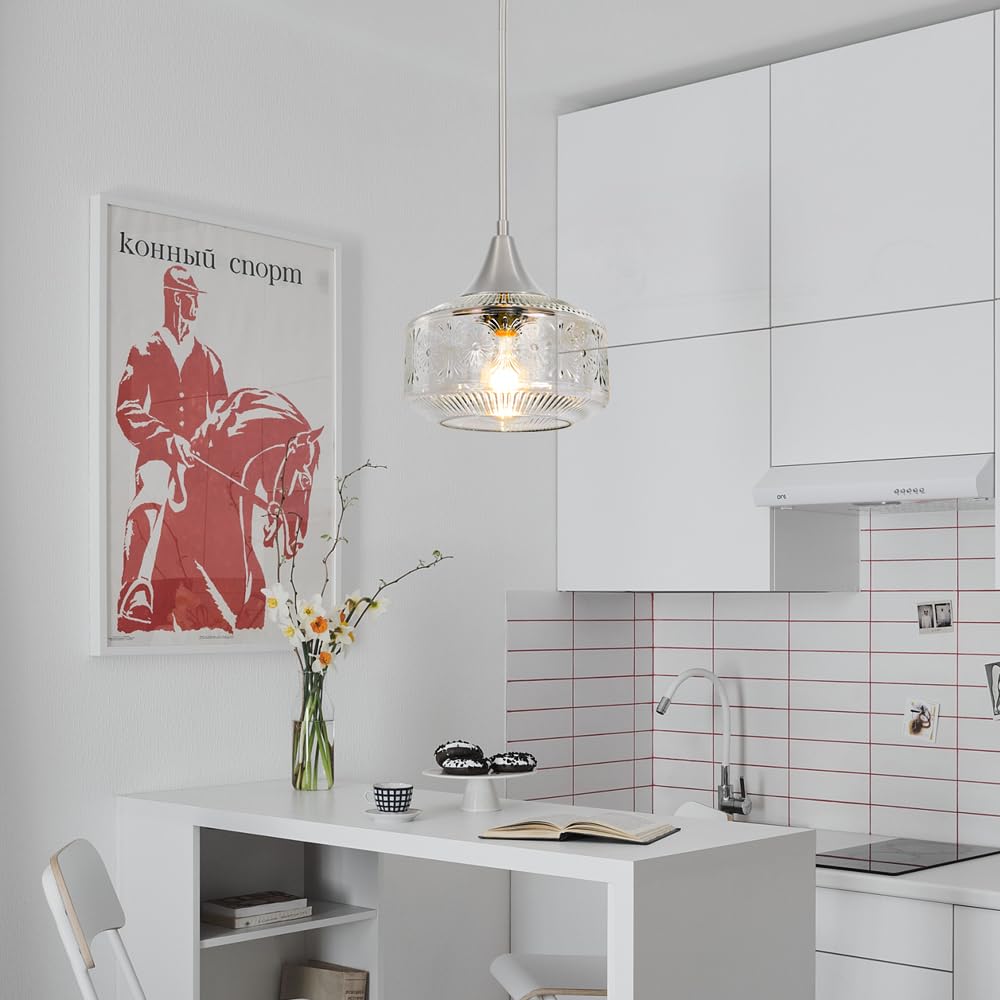 Brushed Nickel Pendant Light Adjustable Hanging Light for Kitchen Island (Nickel+Clear Glass / 9.25in)