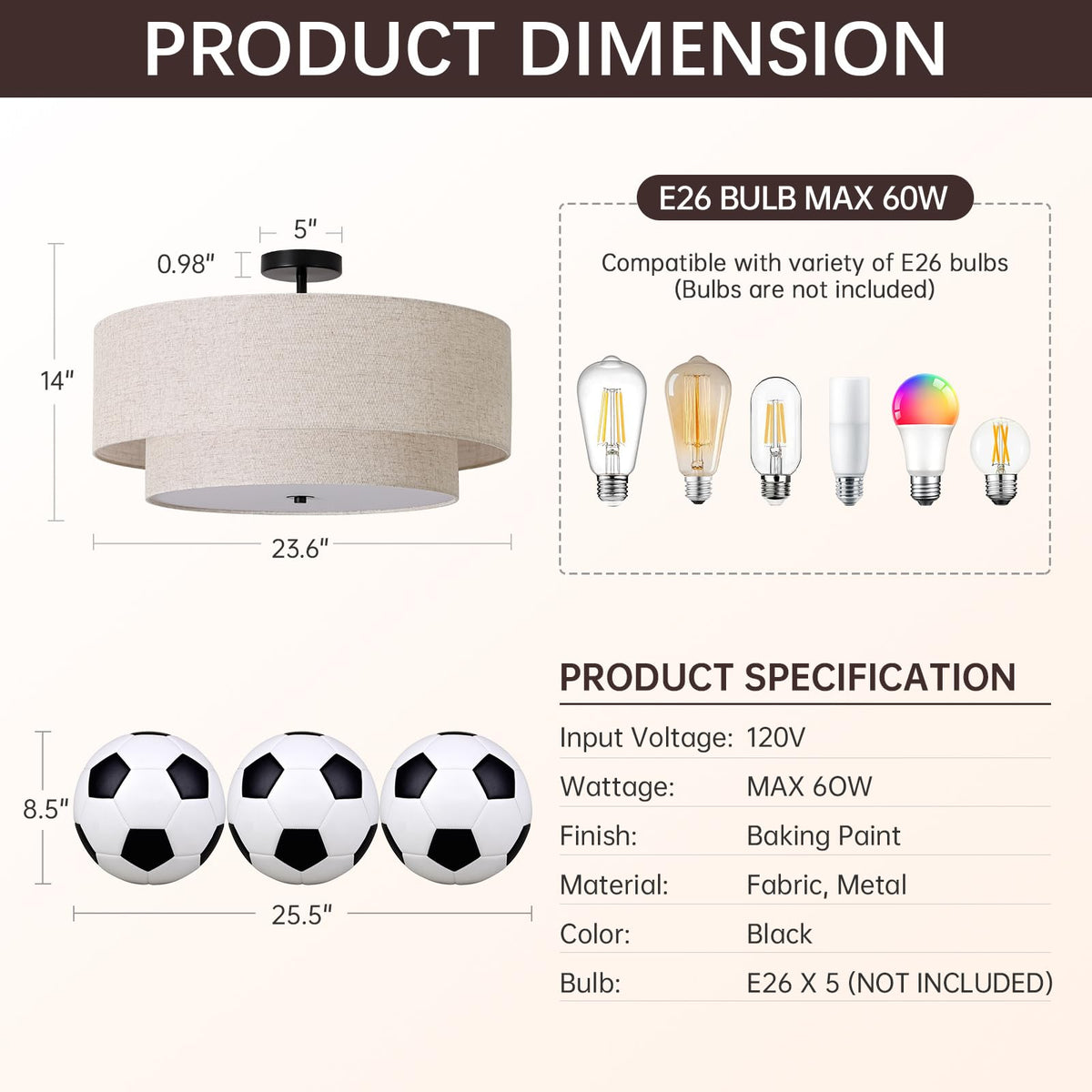 5 Light Semi Flush Mount Ceiling Light (Black / 23.6")