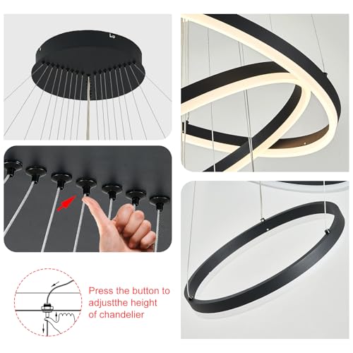 9 Rings D39.4in Modern LED Chandelier Black Dimmable High Ceiling Foyer Chandeliers Entryway with Remote Control for Staircase Entryway Living Room Foyer (Black / 9 Rings 39.4in)