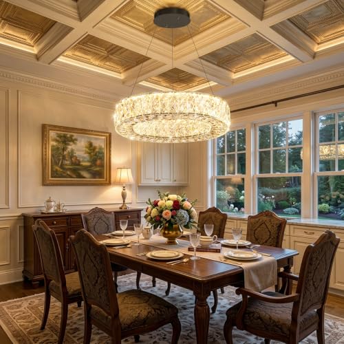 16 Inch Chandelier Glam Dimmable LED Crystal Chandeliers Luxury Round Pendant Lighting Fixtures for Dining Room Bedrooms Black (Black / Ring 16")