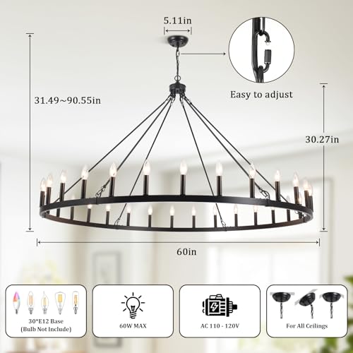 30 Lights Black Extra Large Wagon Wheel Chandelier (Black - 30 Lights - 60in)
