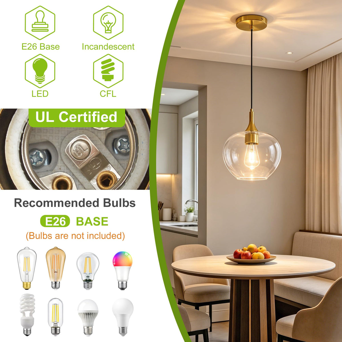 9.45in Gold Pendant Lights Kitchen Island with Clear Glass Shade 1Pack (Gold-Clear Glass)