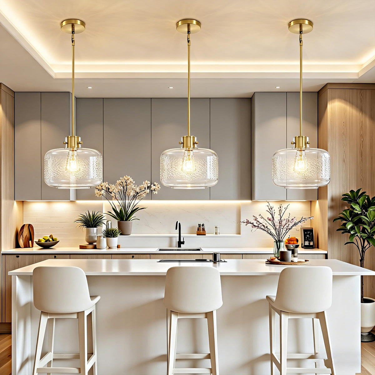 Gold Pendant Lights Kitchen Island with 9.84in Hammered Glass Shade 1Pack (Gold-Hammered Clear Glass)