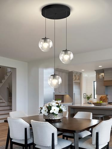 3 Light Small Chandelier LED Modern Glass Globe Pendant Light Chandeliers for Entryway Lighting Fixture Bedroom and Dining Room (Black-Clear / Globe 3-Light)