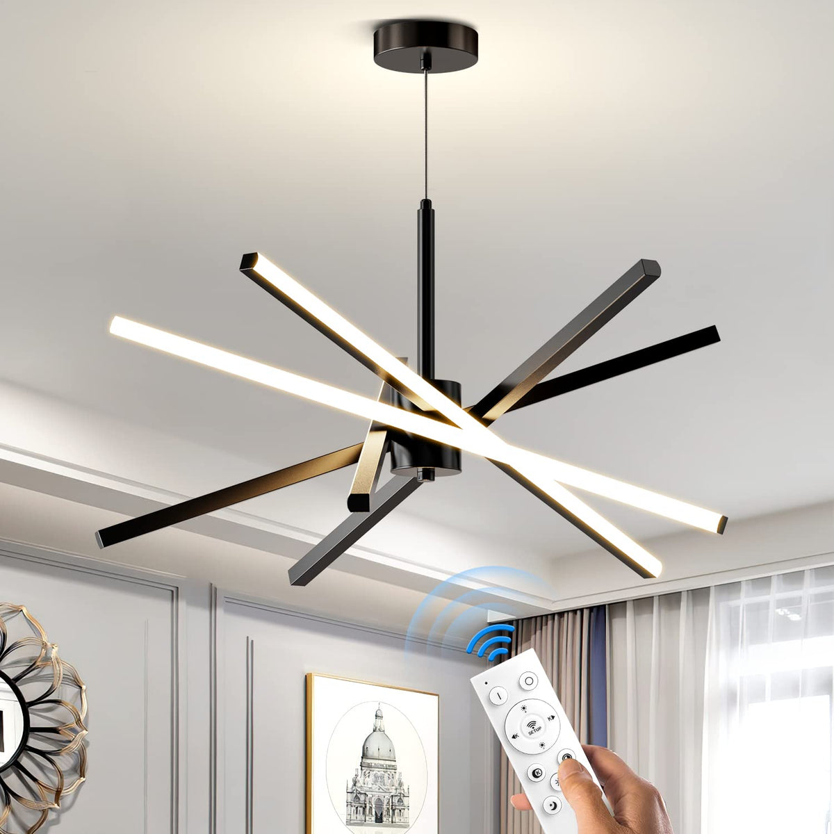 Modern Sputnik Chandelier Ceiling 82W LED Black Pendant Light Embedded Mount Chandeliers Dining Room Light Fixtures Over Table Dimmable with Remote Control for Living Room Kitchen Bedroom 31.5 inches (5-Lights Black)