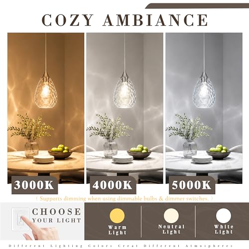 Nickel Glass Pendant Lights Kitchen Island 6.3" Pendant Light Fixtures Hammered Clear Glass Height Adjustable Modern Hanging Pendant Lights for Dining Room Bedroom Hallway Sink Bulb Incl (Nickel, 1 PK / 6.3 Inch)