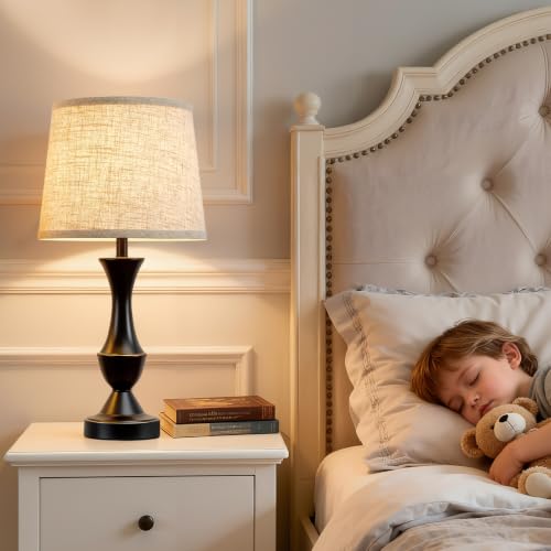 Table Lamp Set of 2 (Black Base+Beige lampshade / 19 in)