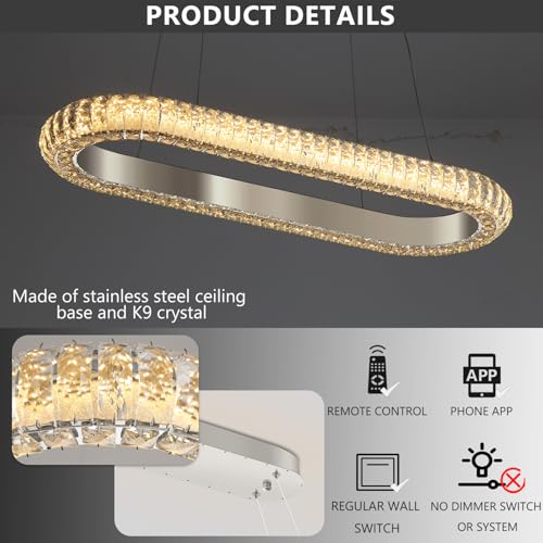 32'' Oval Ring Crystal Chandelier Modern LED Dimmable Ring Pendant Light Chandelier for Dining Room Living Room Silver (Silver / 1 Ring Oval 32")