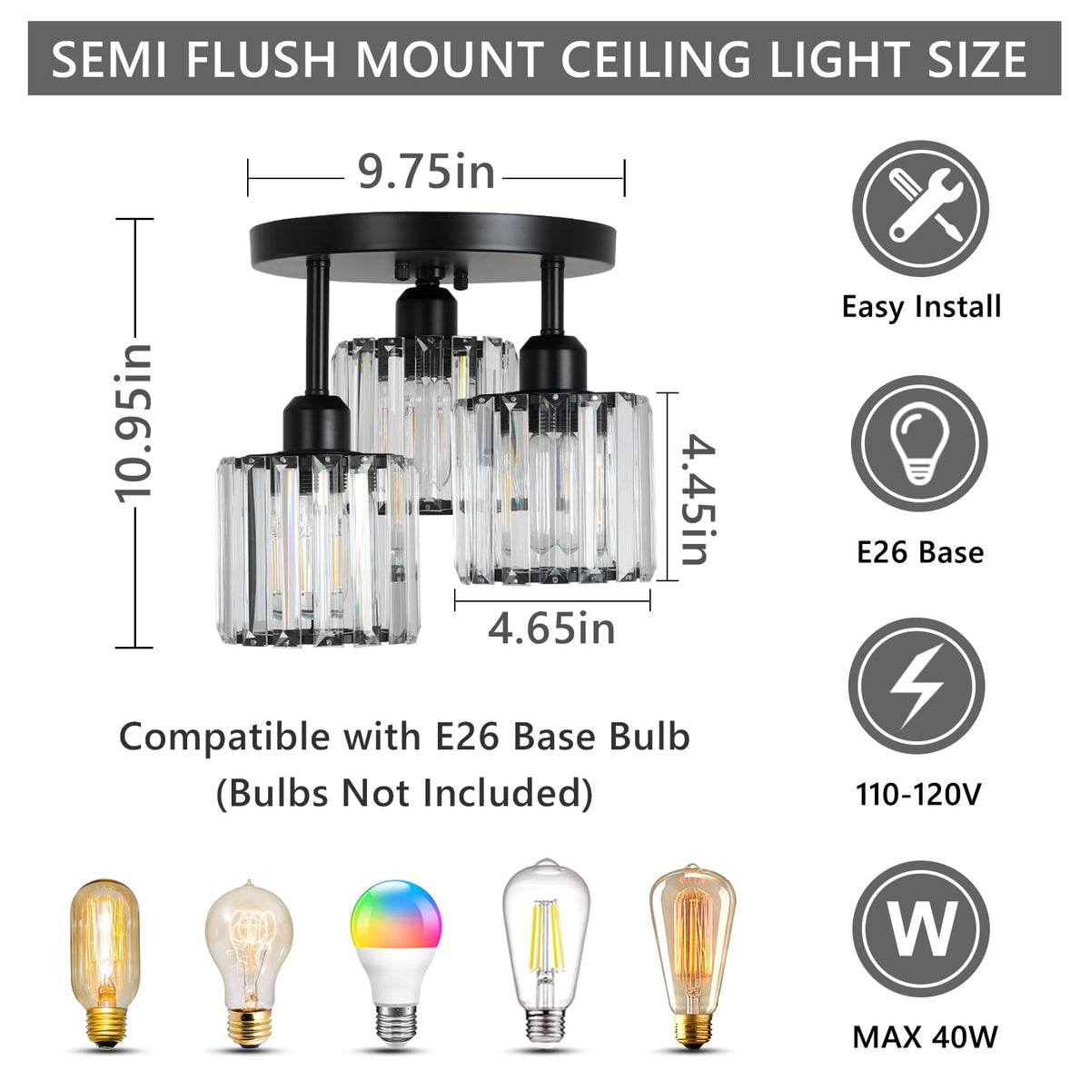 Crystal Semi Flush Mount Ceiling Light (Black-A)