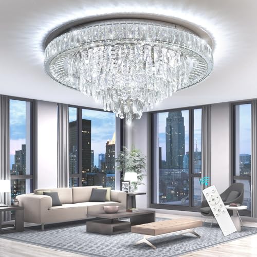 Modern Chandeliers for Living Room Crystal Ceiling Light Fixture LED Dimmable Lamp with Remote Pendant Lighting Flush Mount Ceiling Lighting for Dining Room Bedrooms (Silver / 31.5" Width)