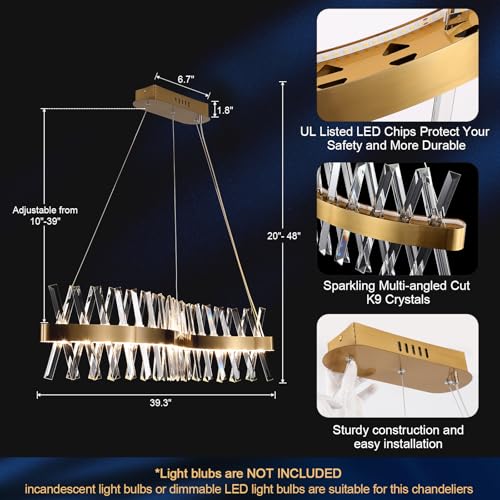 40”Gold Linear Crystal Chandelier Modern LED Ceiling Pendant Light Fixture (Gold LED / 40 inches)