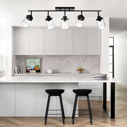 5 Light Adjustable Track Lighting Kit in Matte Black Semi Flush Mount Ceiling Light with 5 Rotatable Light Heads Modern Vanity Lights for Bathroom (Black / 5-Light)