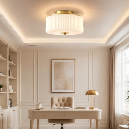 Flush Mount Ceiling Light with 12'' Milk Ribbed Glass Shade for Schoolhouse (Gold/Milk-Flush Mount)