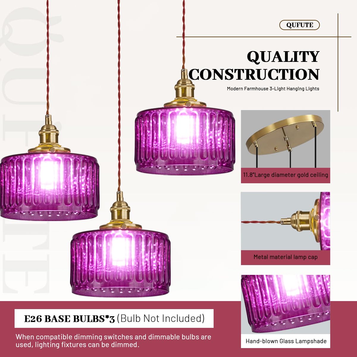 3 Light Glass Globe Chandelier Kitchen Island Mid Century Modern Ceiling Pendant Light Purple Striped Shade Gold Hanging Lights Fixture Multi Light Cluster Chandeliers Dining Room (Purple-Hardwired-3-Light-Cluster)
