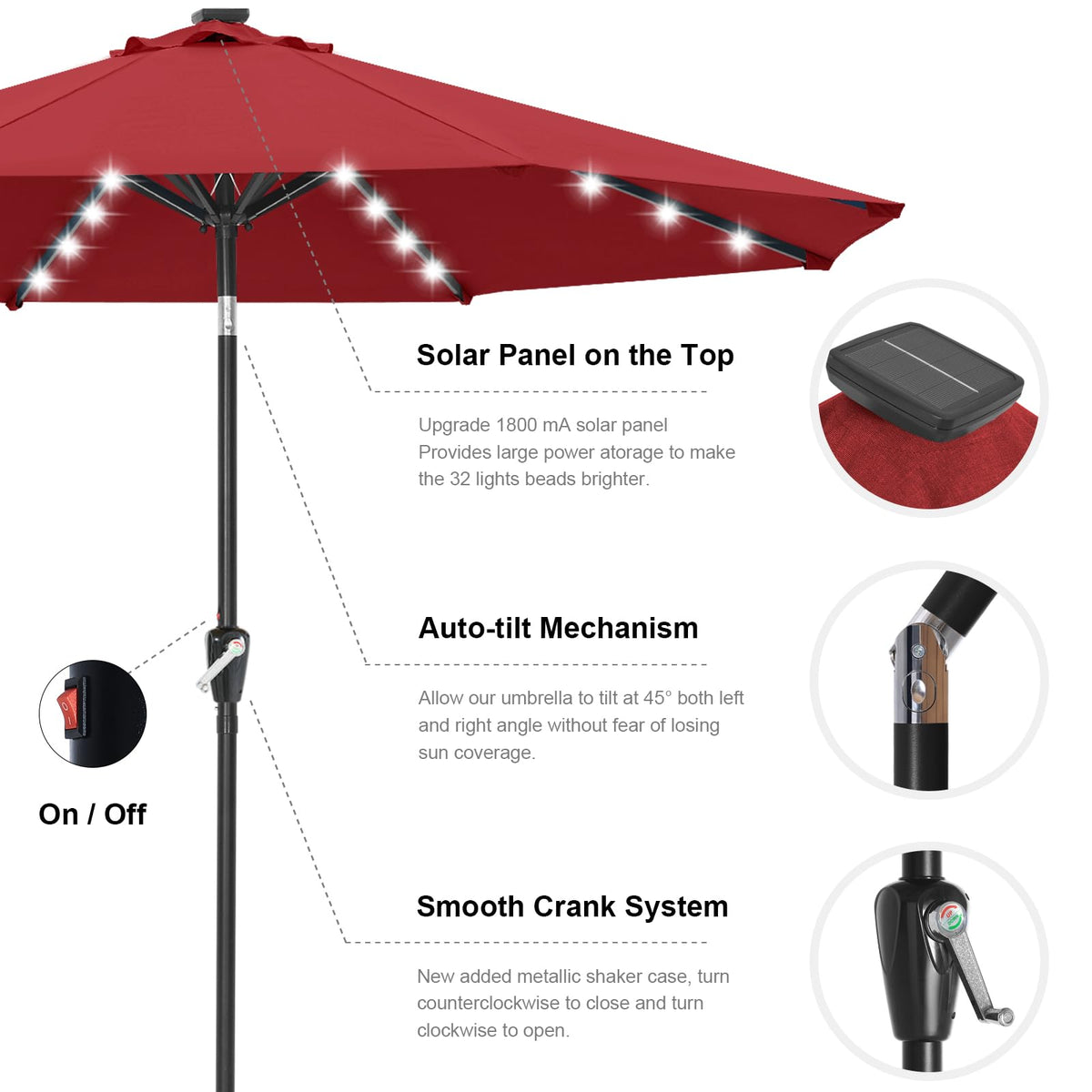 Solar Led Patio Umbrella with 32 Lights 9FT (LED Umbrella / 9ft / burgundy)