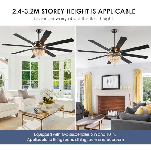 72 Inch Black Large Crystal Chandelier Ceiling Fans with Lights and Remote (Black-72IN)