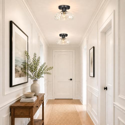 Elegant Black Semi Flush Mount Ceiling Light (Black & Hammered Glass / 8in)