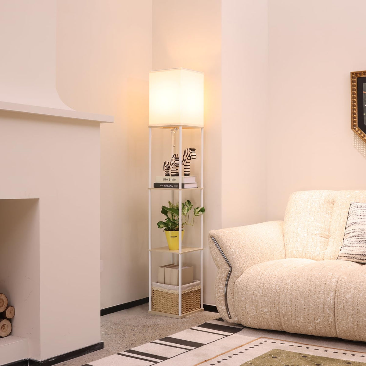 Floor Lamp with Shelves (Beige+White-1 Pack)