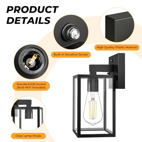 2 Pack Dusk to Dawn Outdoor Wall Light Fixtures (Black)