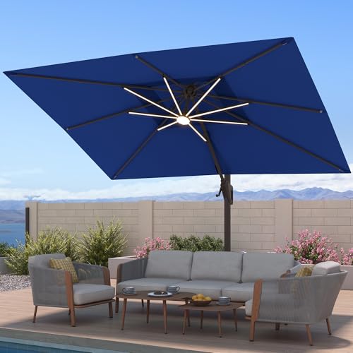 10x13FT Patio Cantilever Outdoor Offset Umbrella with LED Lights (Navy)