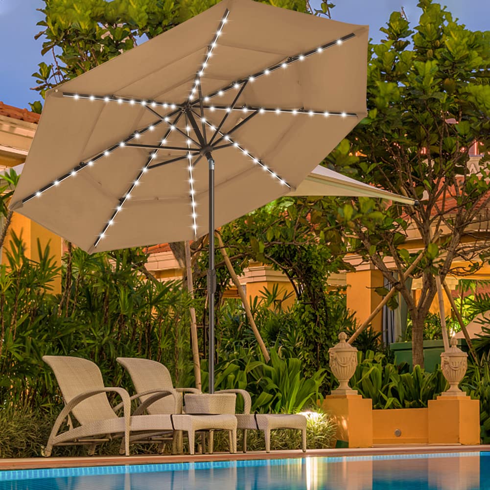 USA 10-Year-Non-Fading 9ft 3-Tier Market Patio Umbrella, Commercial Table Umbrella with 80 Solar LED Lights, Crank Open, Windproof & UPF 50+ UV Protection for Garden, Deck, Pool, Backyard, Heather Beige (Heather Beige / 9 FT(Triple Vents Tilt))