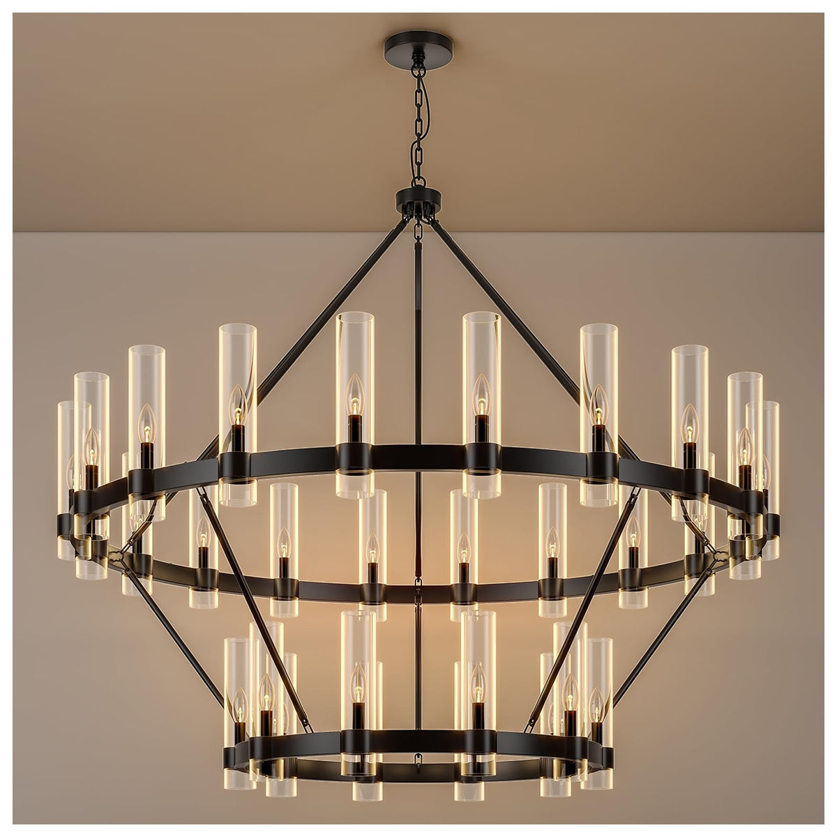 60 Inch Black Wagon Wheel Chandelier 2 Tier with Glass Shade (Black 60inch30light / 60inch-30lights)